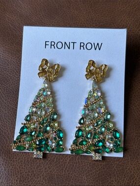 FRONT ROW Gold & Green Crystal Christmas Tree Drop Earrings